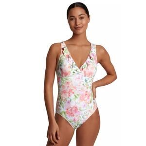 Lauren Ralph Lauren Floral Ruffle Plunge One Piece Swimsuit Women’s 16 NWT